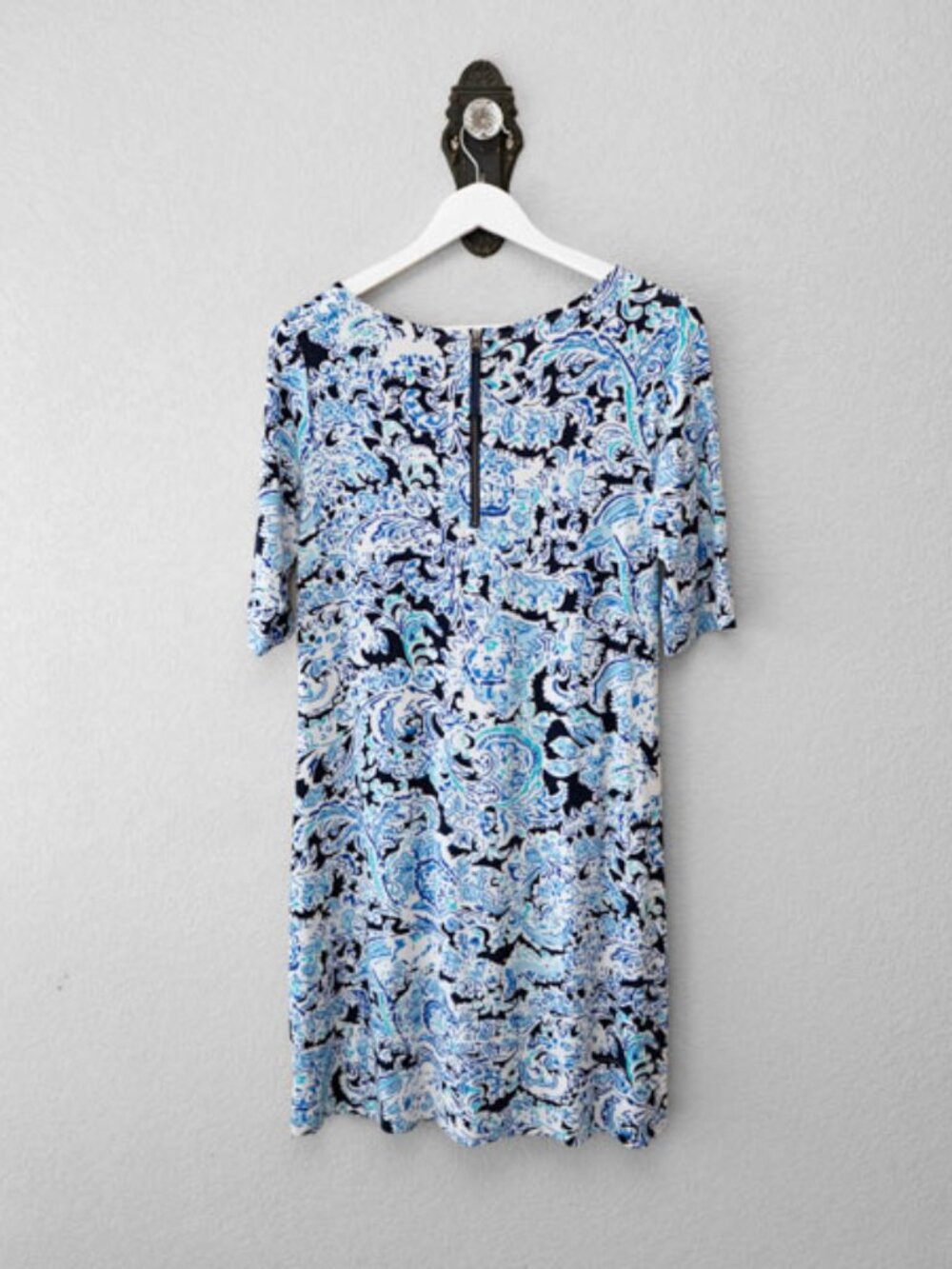 Cynthia Rowley Blue Paisley Print Dress Womens M Shift Back Zip Stretch Career - Picture 10 of 15